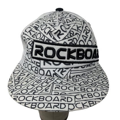 Rockboard Men's Strapback Hat White Black Embroidered All Over Print Logo Cotton