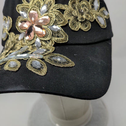 Rhinestone Jewel Flowers Slideback Hat Black OSFA Adjustable Bling