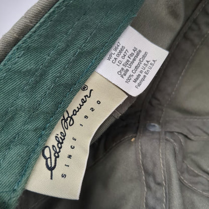 Eddie Bauer Baseball Cap Green Leather Strap Cotton Metal Eyelets Hat Vintage
