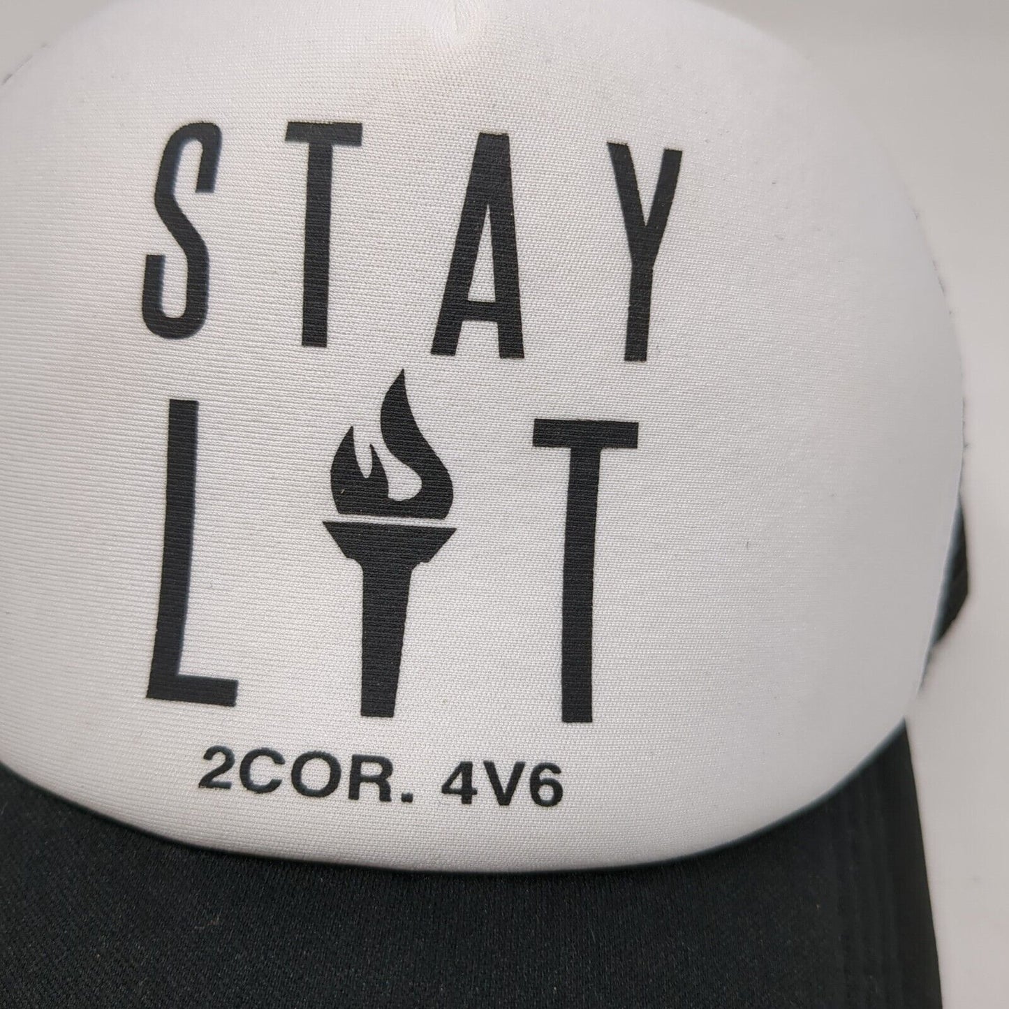 Stay Lit 2Cor 4V6 Snapback Trucker Hat Black OSFA Adjustable Mesh Back 6 Panel