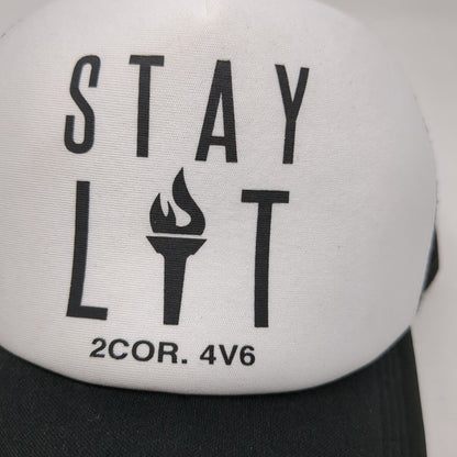 Stay Lit 2Cor 4V6 Snapback Trucker Hat Black OSFA Adjustable Mesh Back 6 Panel