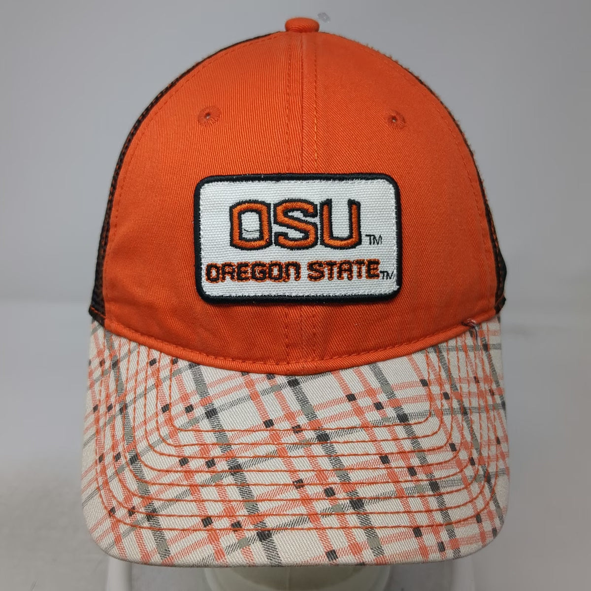 Signatures NCAA Oregon State OSU Orange Black White OS Mesh Plaid Patch Cap Hat