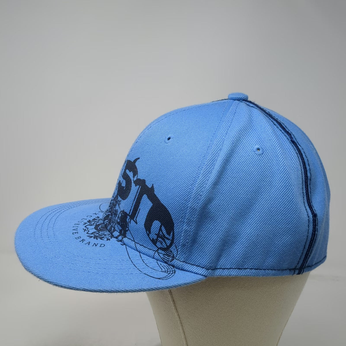Exsto Blue Baseball Cap 7 1/2 Fitted Flat Brim Graphic Logo Shield Crest Hat
