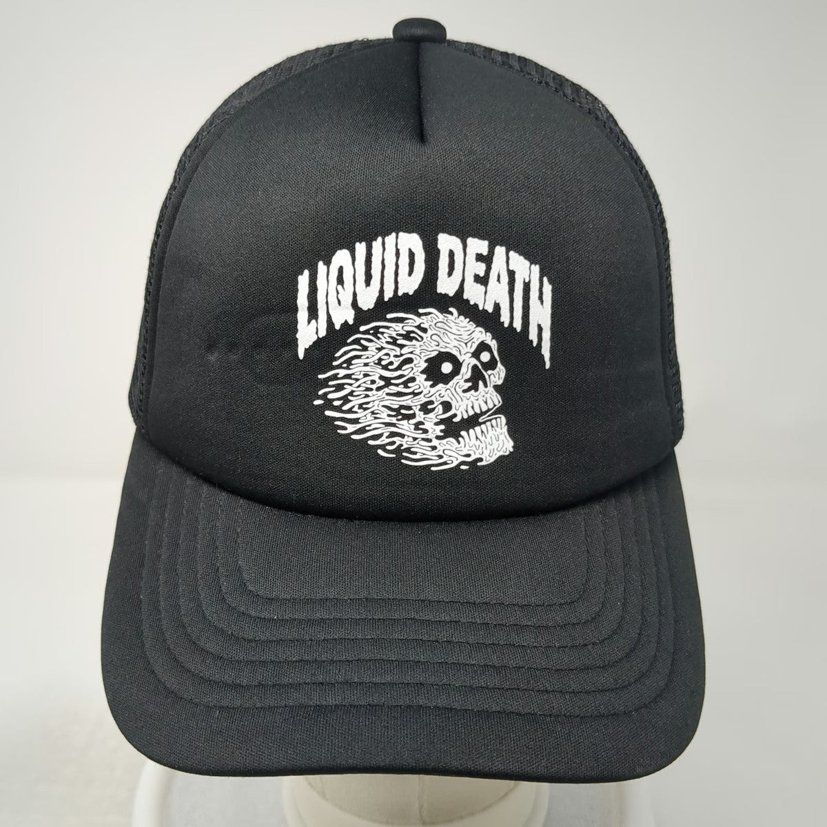 Liquid Death Trucker Hat Black One Size Flaming Skull Graphic Mesh Back Snapback