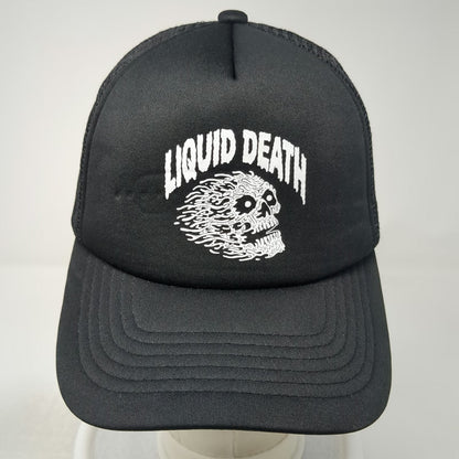 Liquid Death Trucker Hat Black One Size Flaming Skull Graphic Mesh Back Snapback