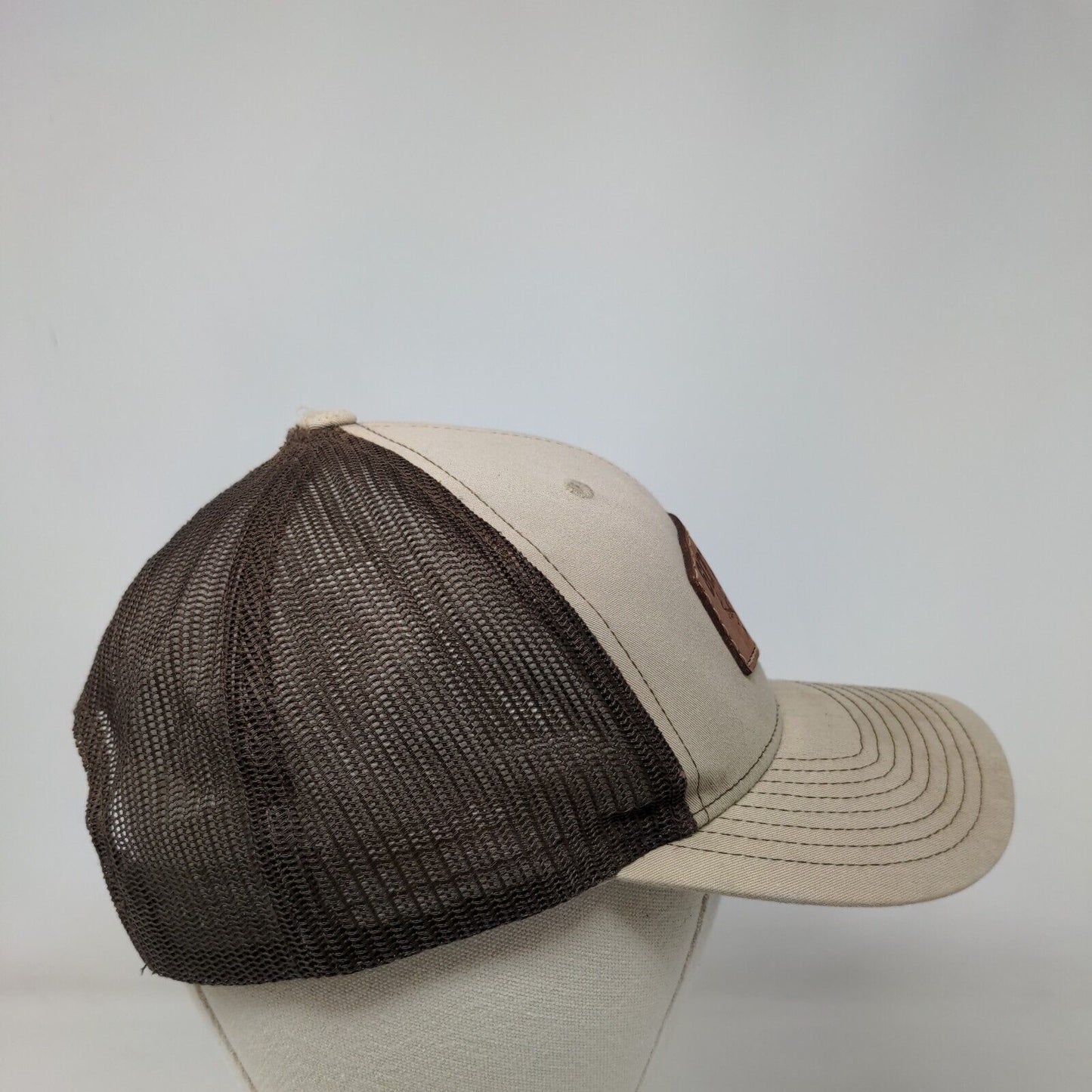 607 Sports Snapback Mesh Back Trucker Hat Tan One Size Leather Patch