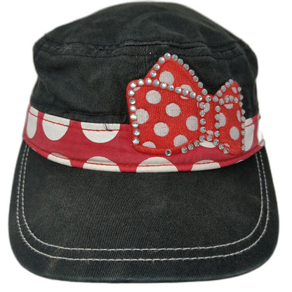 Disney Parks Army Cap Black One Size Rhinestone Polka Dot Bow Hat Minnie Mouse