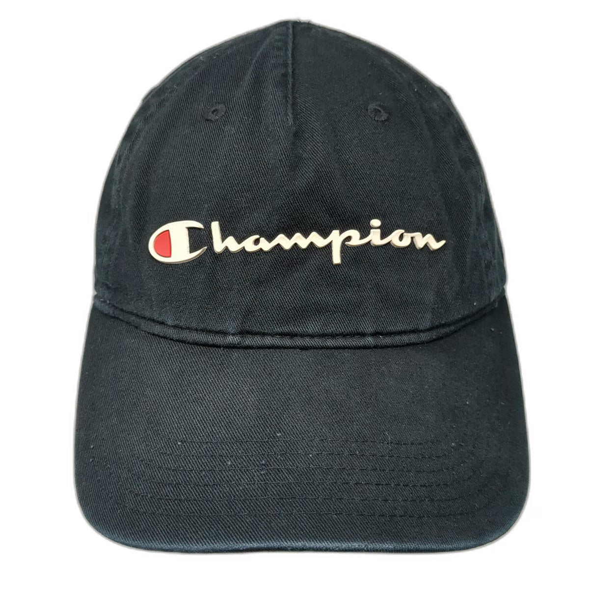 Champion 5 Panel Black One Size Slideback Logo Script Embroidery Adjustable Hat