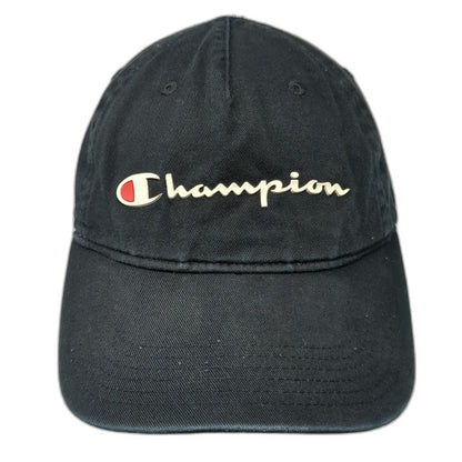 Champion 5 Panel Black One Size Slideback Logo Script Embroidery Adjustable Hat