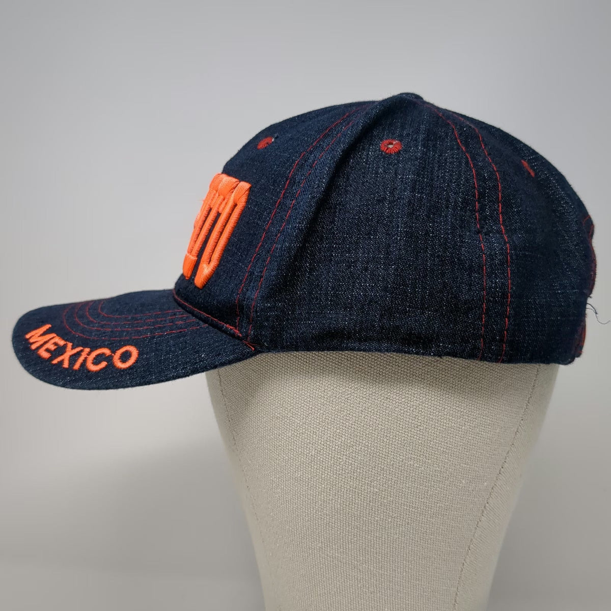 Blue Rosarito Mexico Denim Baseball Cap One Size Strapback Hat Orange Stitching