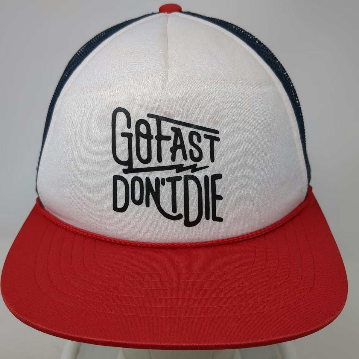 Richardson 113 Trucker Hat White Blue Red One Size Go Fast Don't Die Rope Mesh