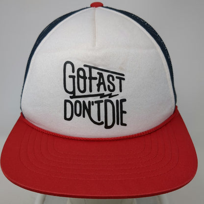 Richardson 113 Trucker Hat White Blue Red One Size Go Fast Don't Die Rope Mesh