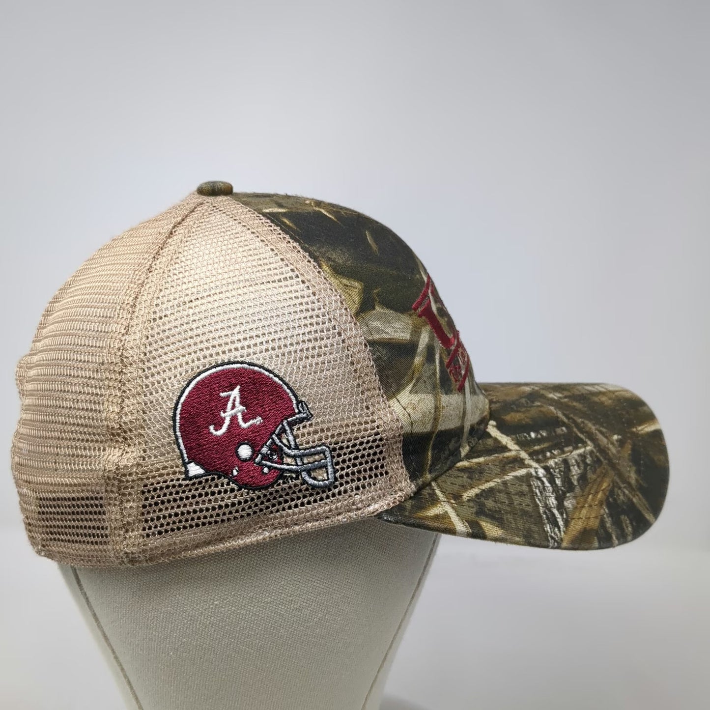 The Game Alabama Crimson Tide NCAA Trucker Hat Green Beige Red OSFM Camo Mesh