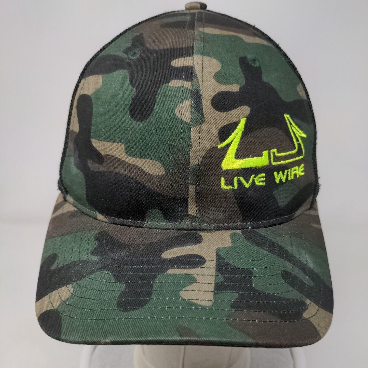 Live Wire Snapback Mesh Back Trucker Hat Camo One Size Embroidered