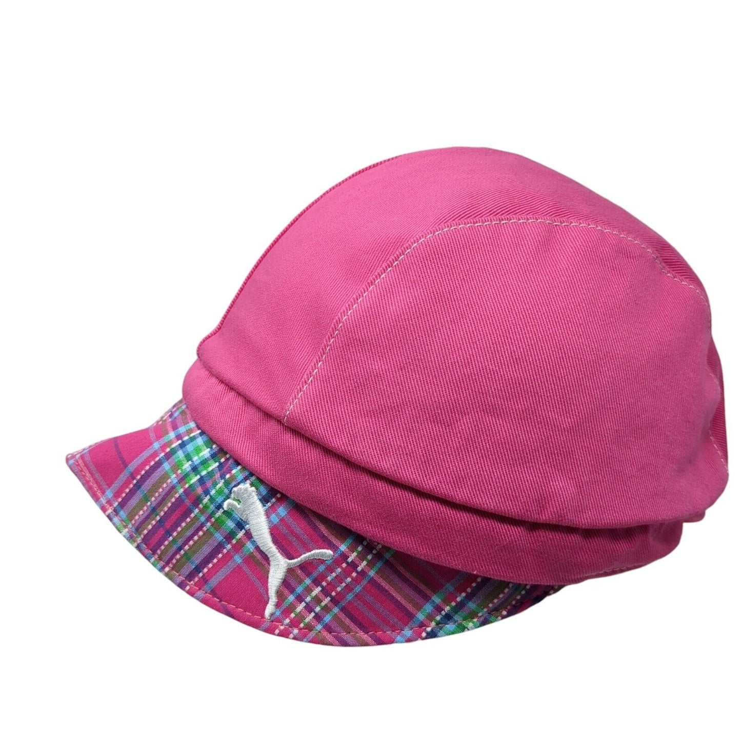 Puma Fitted Flat Cap Newsboy Pink One Size Plaid Embroidered Logo