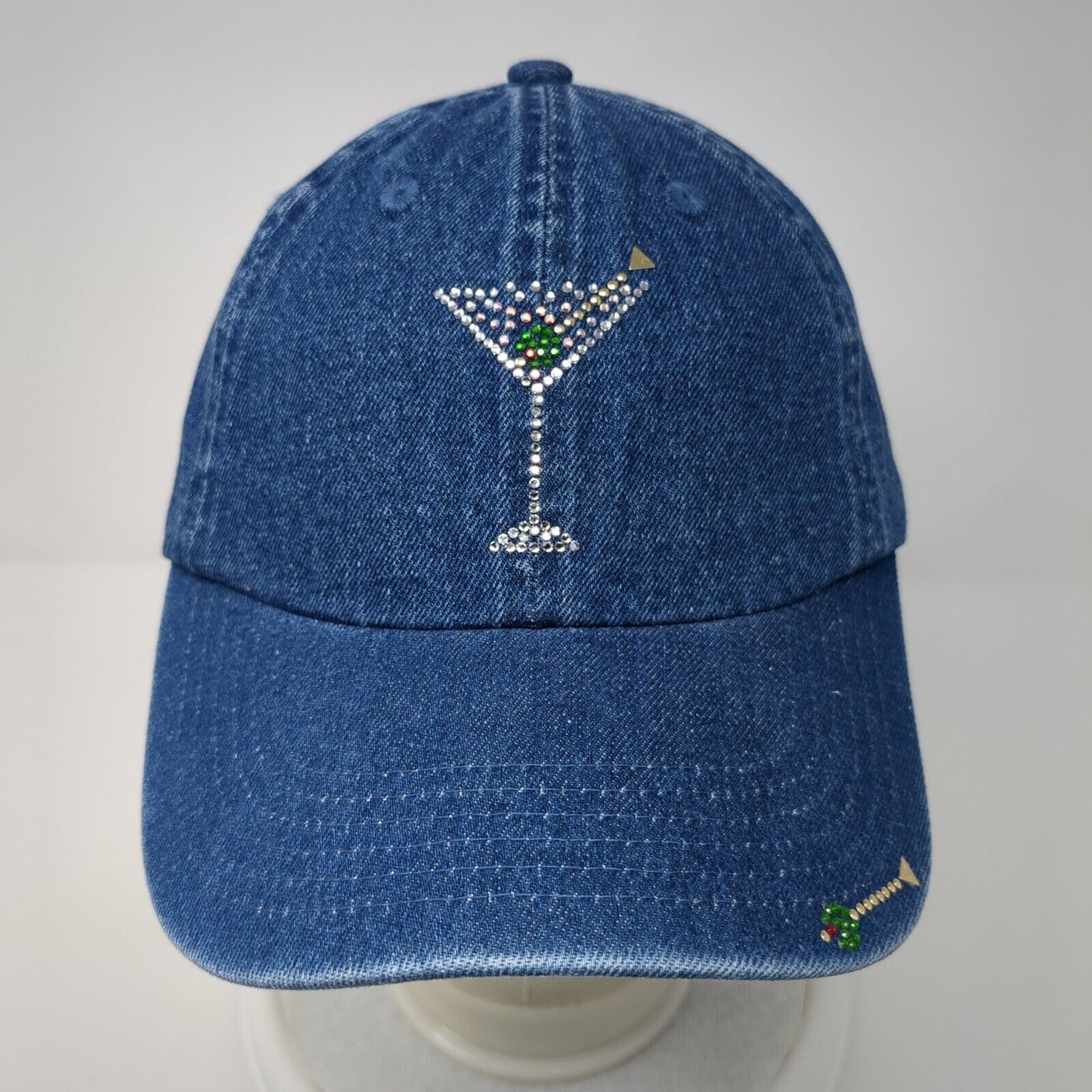 Vintage Simply Hot Strapback Hat Blue OSFA Rhinestone Jewel Cocktail Glass USA