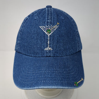 Vintage Simply Hot Strapback Hat Blue OSFA Rhinestone Jewel Cocktail Glass USA