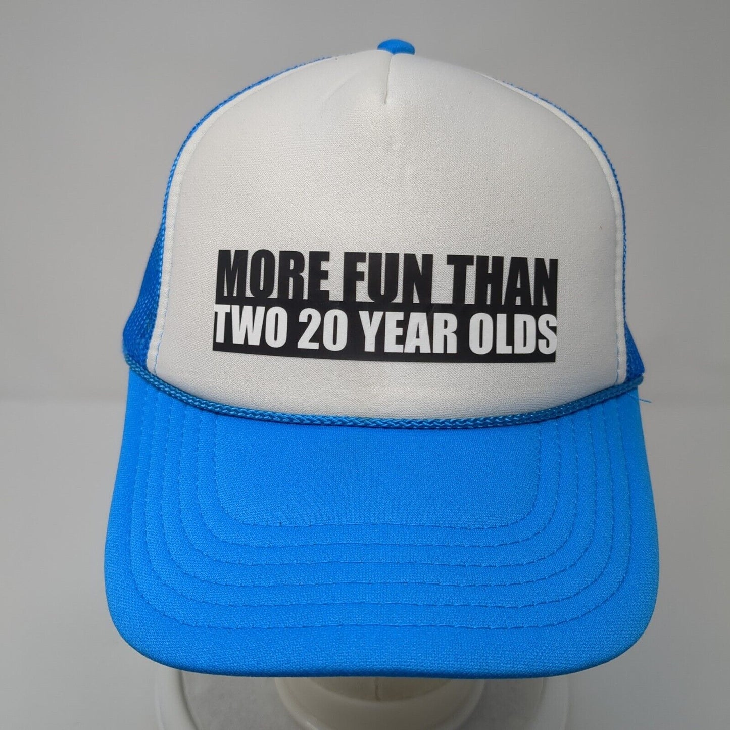 More Fun Than Two 20 Year Olds Rope Trucker Hat Blue One Size Mesh Back