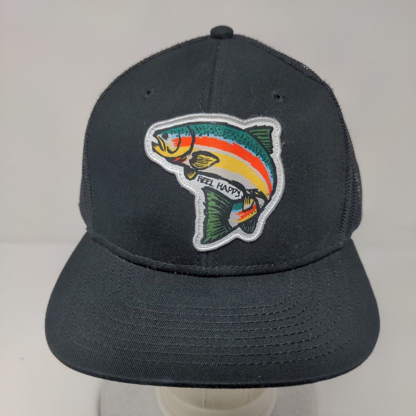 Reel Happy Fish Snapback Mesh Back Trucker Hat Black One Size 6 Panel