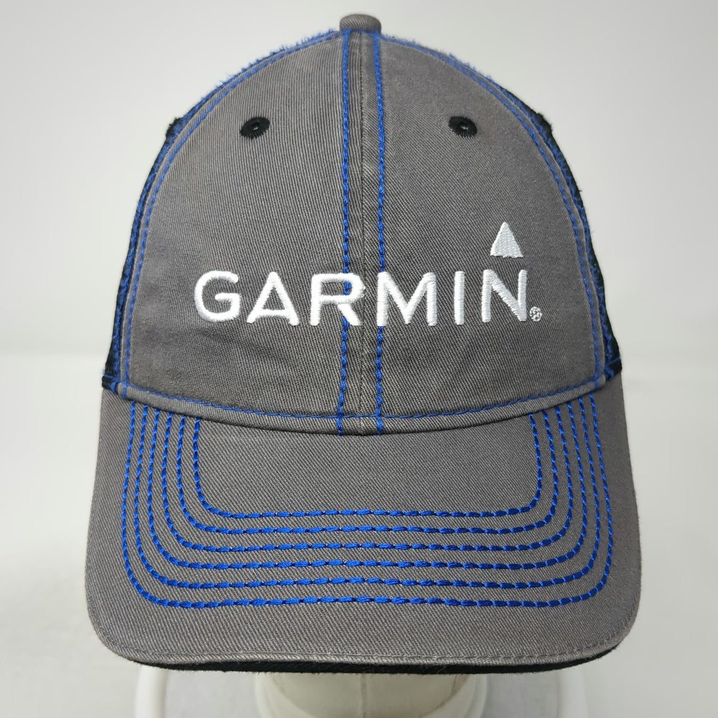 Garmin Trucker Hat Gray One Size Mesh Snapback Blue Contrast Stitching Logo