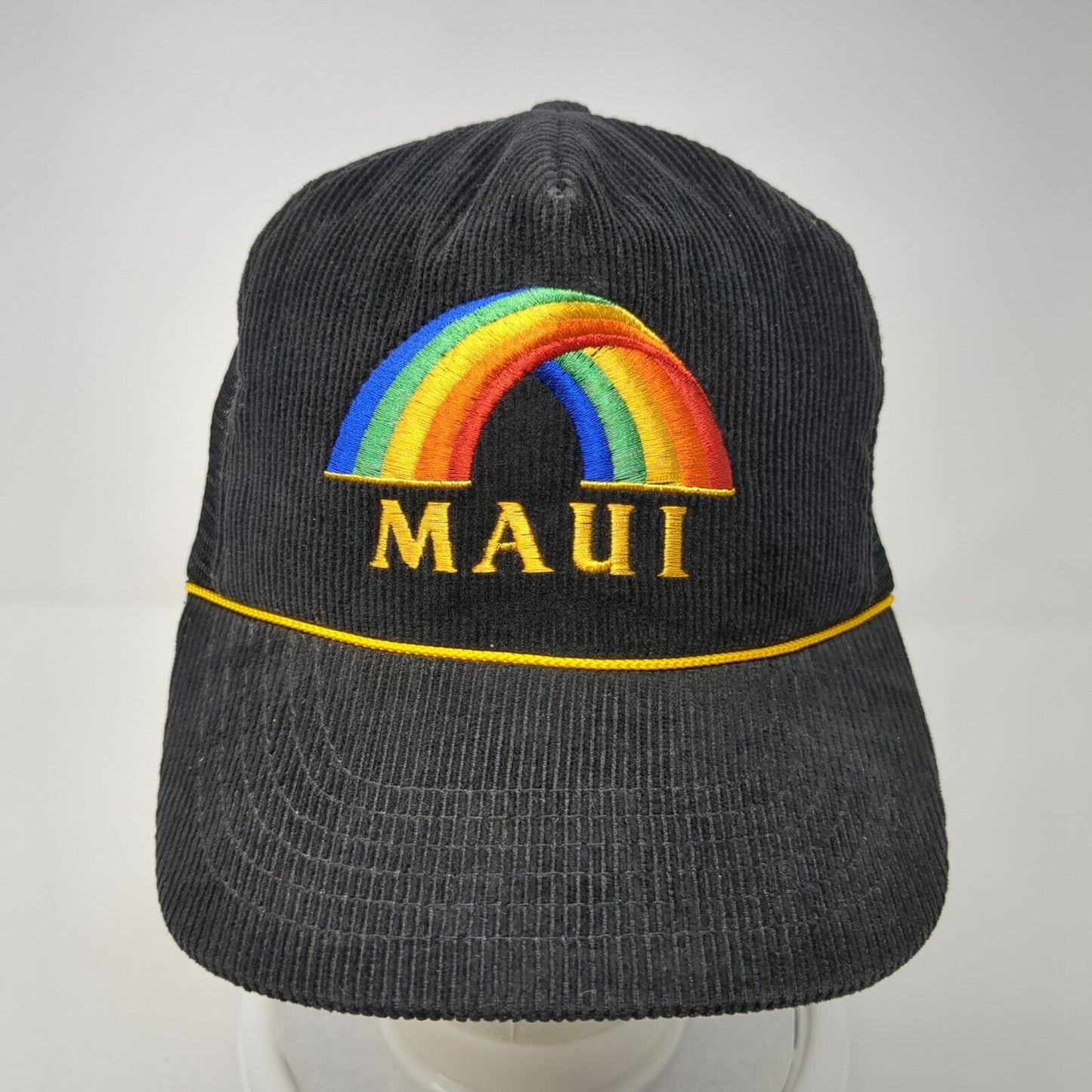 MAUI Snapback Trucker Hat Black OS Adjustable Embroidered Rainbow Mesh Back Rope