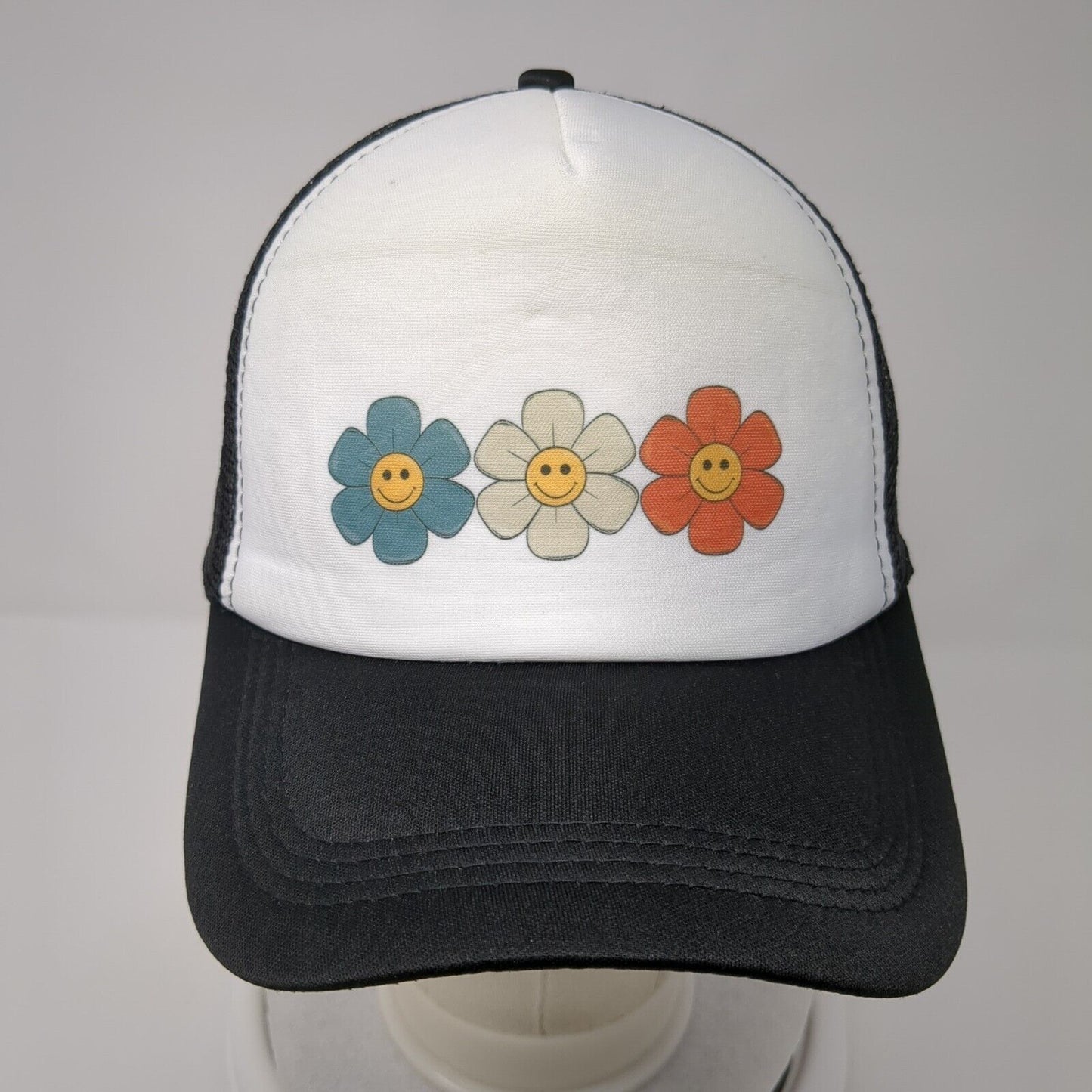 Smiley Flowers Snapback Trucker Hat Black OSFA Mesh Back Adjustable
