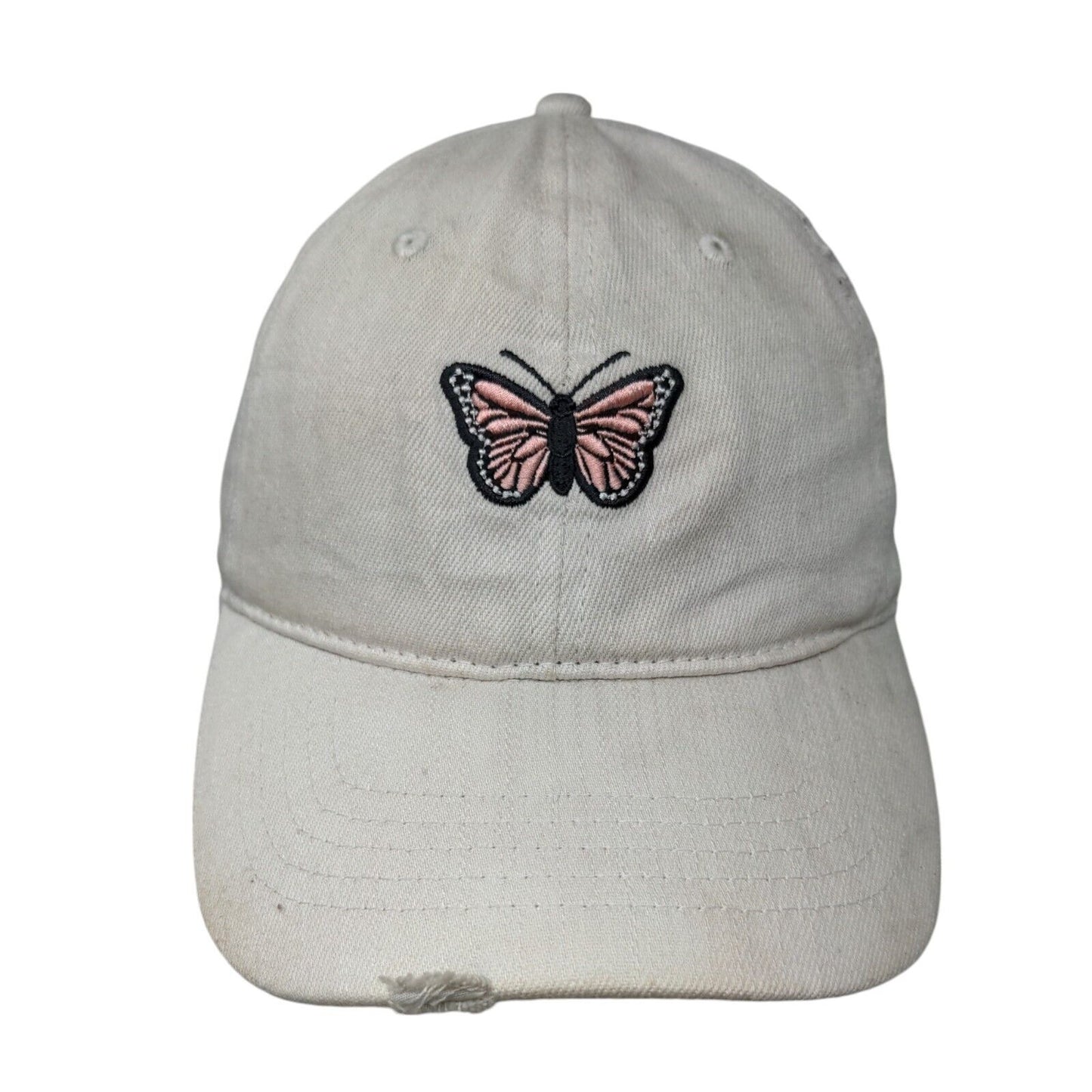 Butterfly Slideback Hat Cream OSFM Embroidered Leather Strap 6 Panel