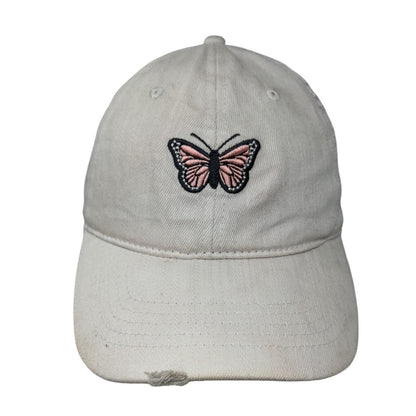 Butterfly Slideback Hat Cream OSFM Embroidered Leather Strap 6 Panel