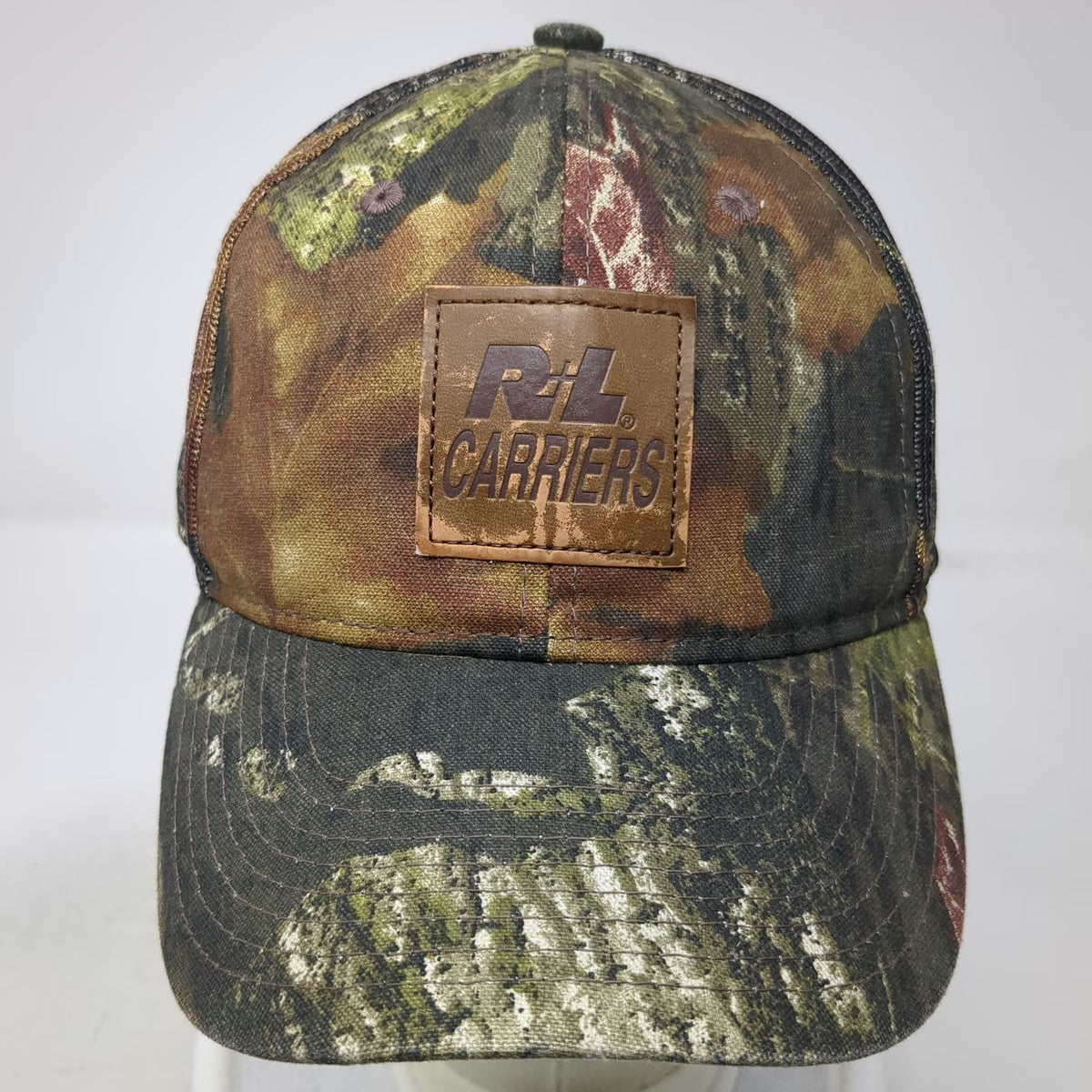 R+L Carriers Baseball Cap Green Camo One Size Mesh Back Leather Patch Hat