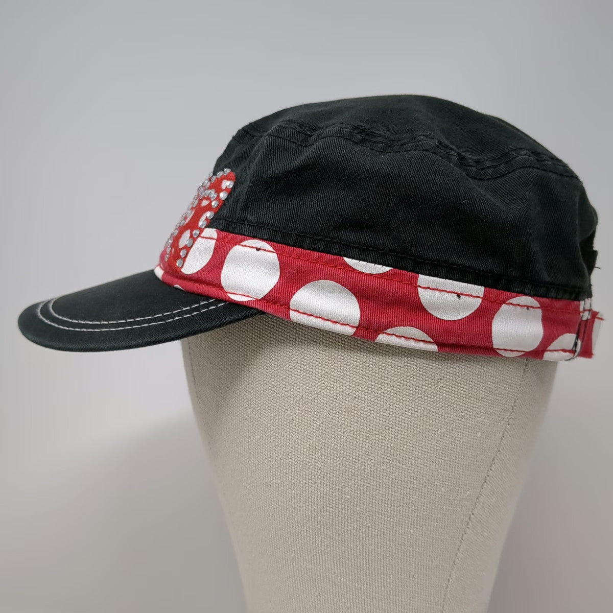 Disney Parks Army Cap Black One Size Rhinestone Polka Dot Bow Hat Minnie Mouse