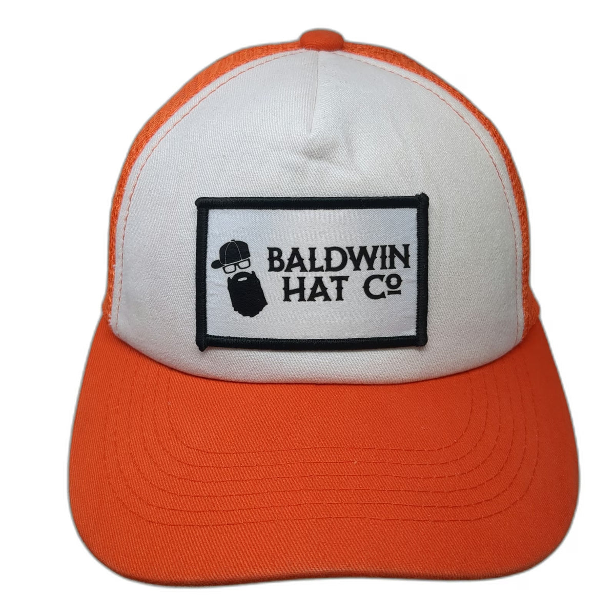 Baldwin Hat Co Trucker Hat Orange White One Size Mesh Snapback Beard Logo Patch