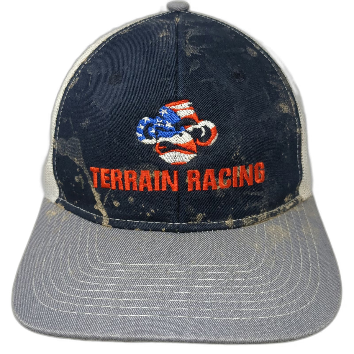 Port Authority Trucker Hat Blue OSFM Terrain Racing Ape USA Flag Mesh Snapback