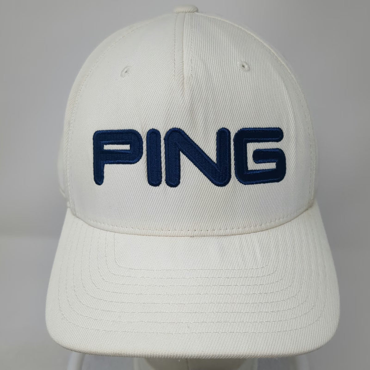 PING 5 Panel Hat White XL Embroidered Logo Stretch Fit Nylon Blend Golf Cap