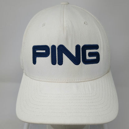 PING 5 Panel Hat White XL Embroidered Logo Stretch Fit Nylon Blend Golf Cap