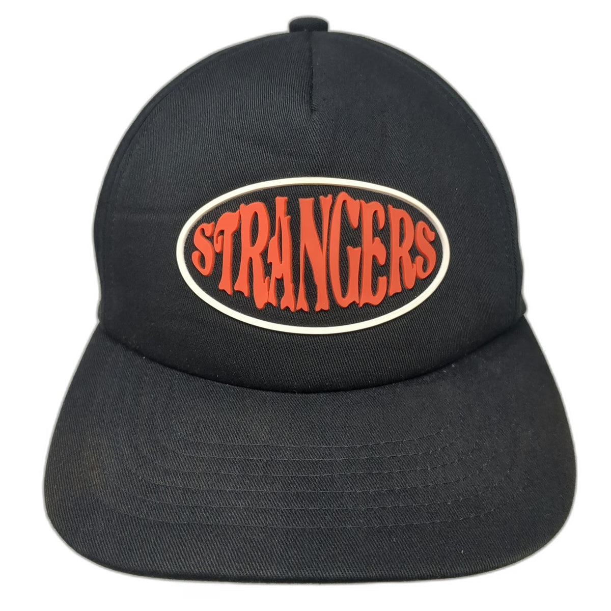 5 Panel Hat Black One Size STRANGERS Red Rubber Logo Slideback Closure Cap