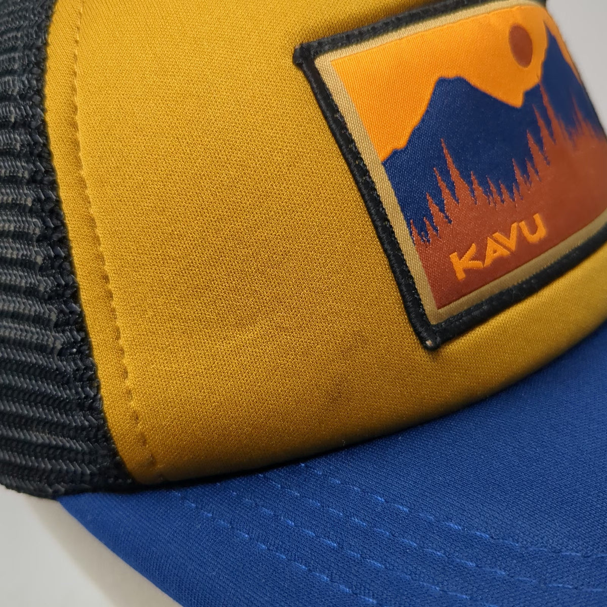 KAVU Trucker Hat Yellow Blue One Size Mesh Snapback Foam Landscape Mountain