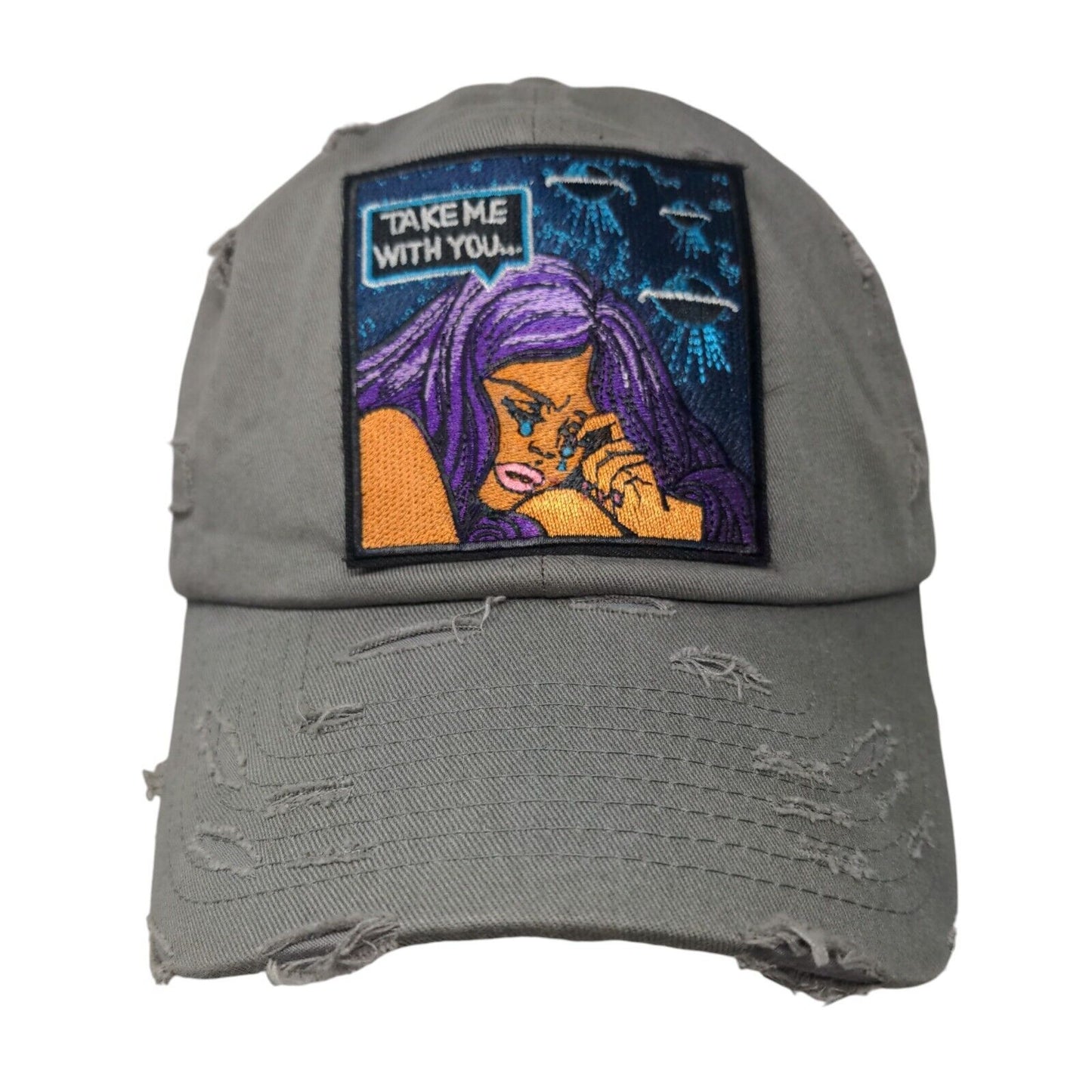 Take Me With You Slideback Hat Gray OSFA Adjustable Embroidered Distressed