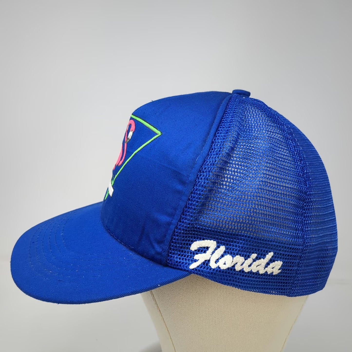 Blue Trucker Hat OS Florida Flamingo Palm Tree Mesh Snapback Foam Front Vintage