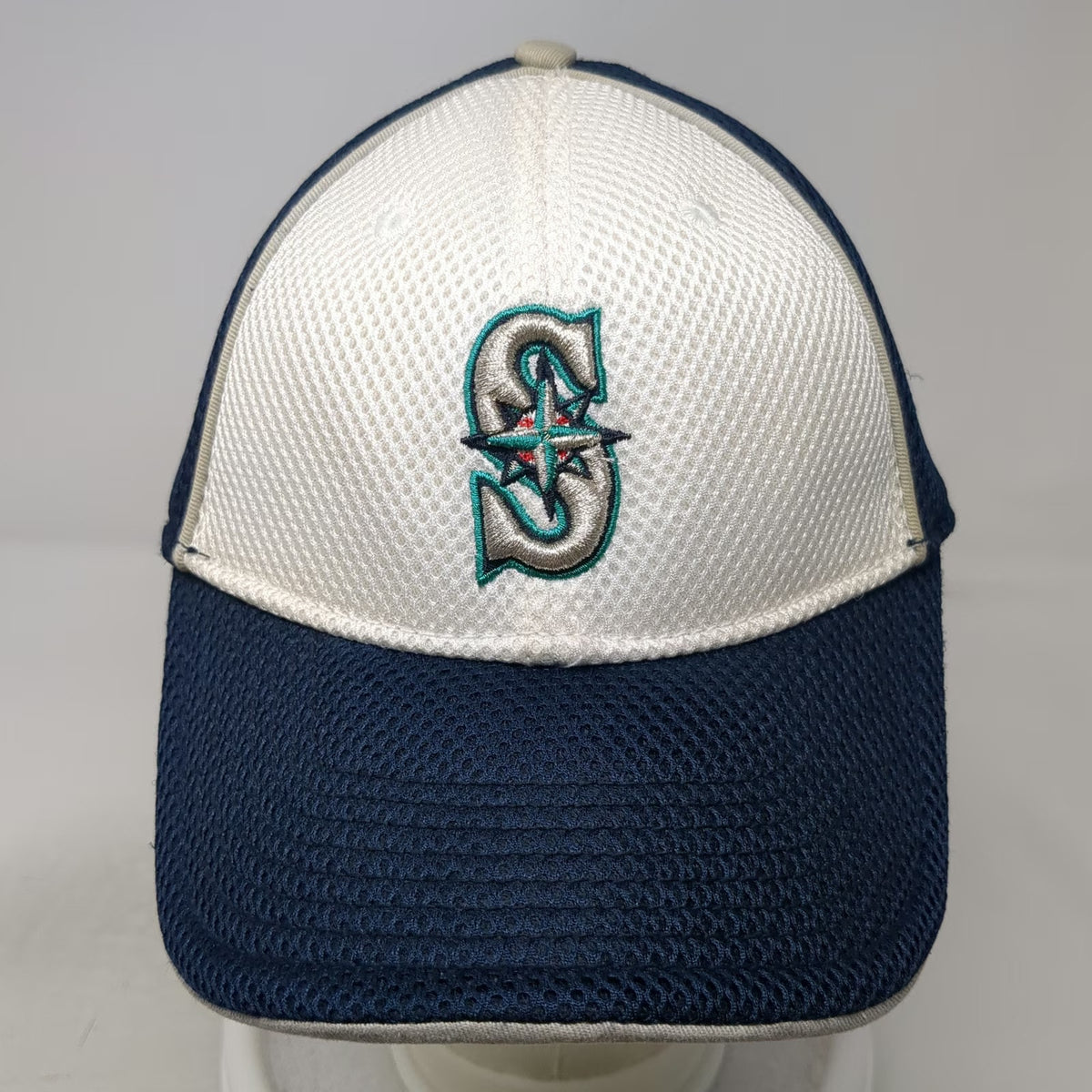 New Era Seattle Mariners MLB Blue White L Baseball Cap Hat Mesh Stretch Fitted