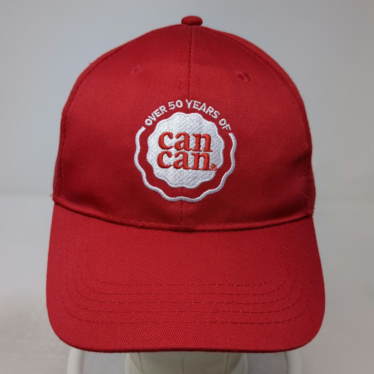 MJ Corp Baseball Cap Red One Size Over 50 Years Of Can Can Logo Strapback Hat