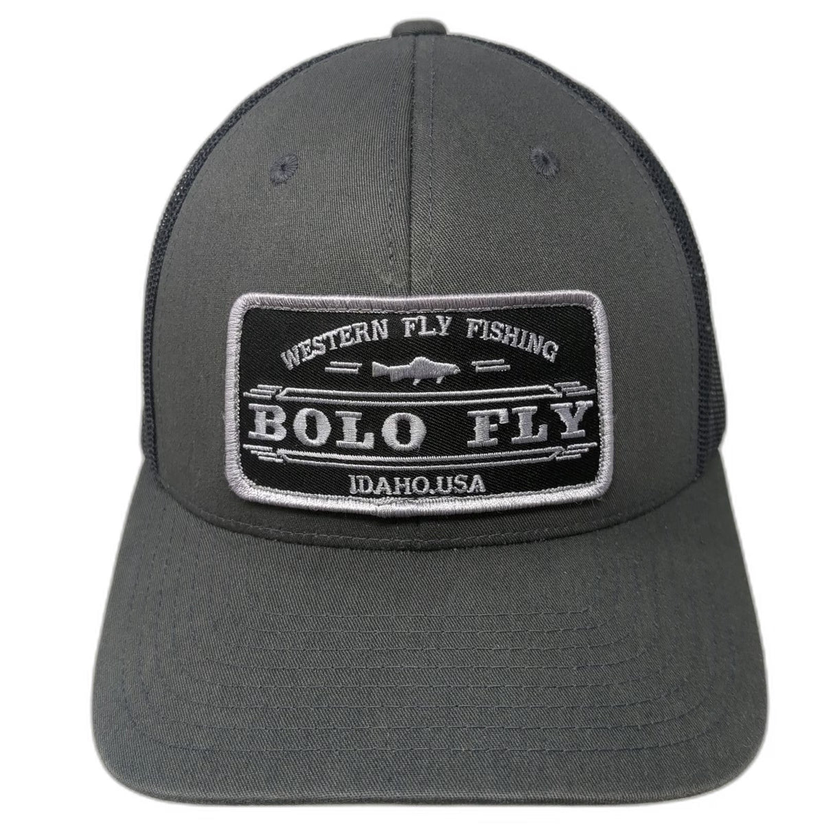 Yupoong Trucker Hat Gray Black White One Size Bolo Fly Fishing Idaho USA Patch