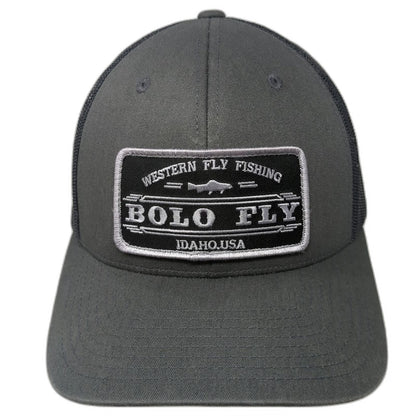 Yupoong Trucker Hat Gray Black White One Size Bolo Fly Fishing Idaho USA Patch