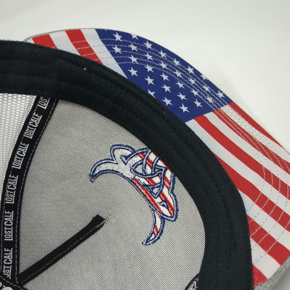 Lost Calf Trucker Hat Gray One Size Steer Bull American Flag Underbrim Snapback