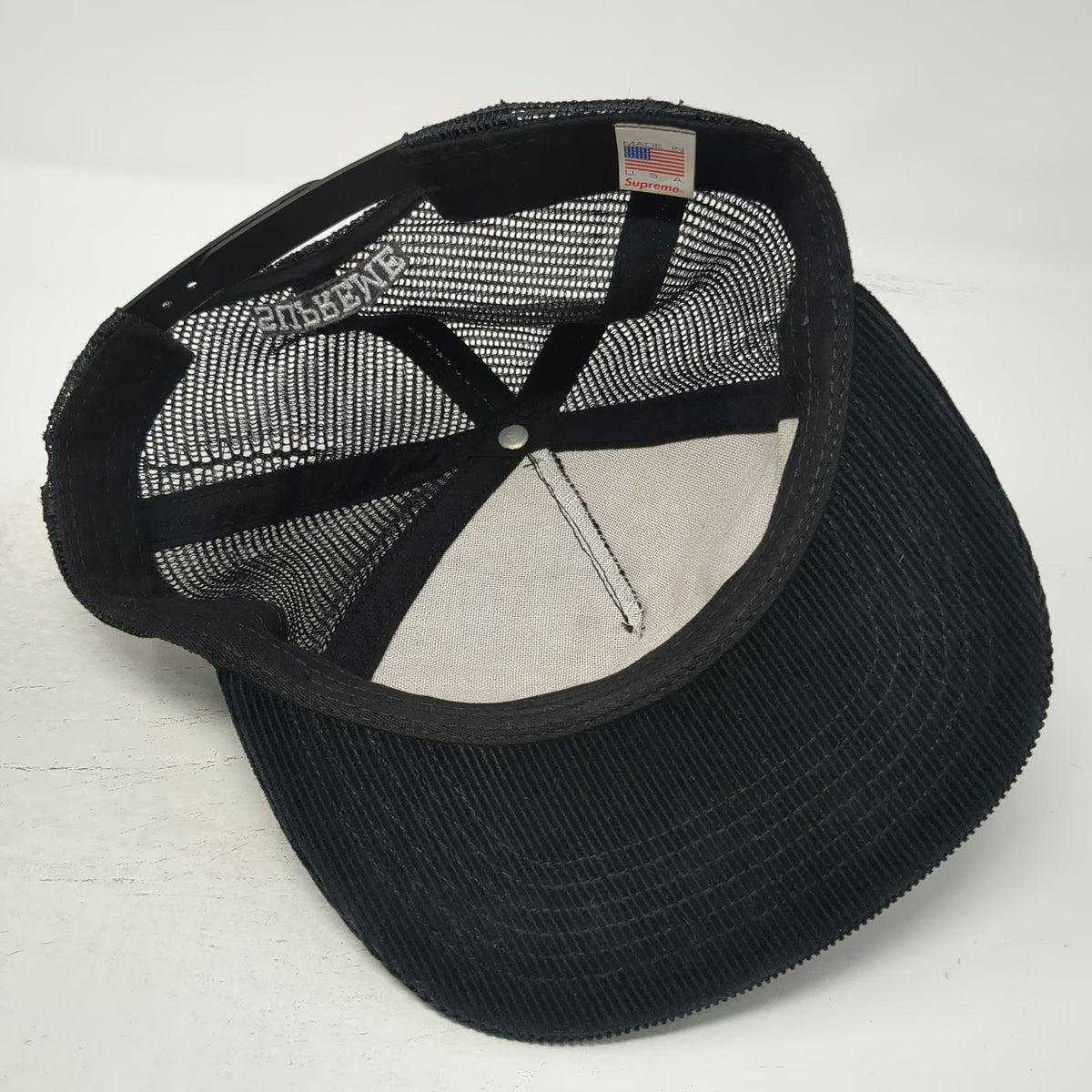 Supreme Trucker Hat Black One Size Corduroy Mesh Back Graphic Logo Made In USA