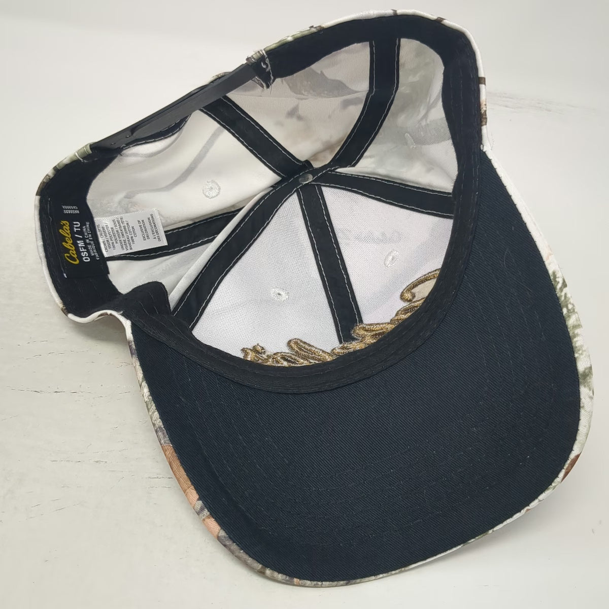 Cabela's Snapback Hat White Camo One Size Gold Embroidery Zonz Woodlands Hunting
