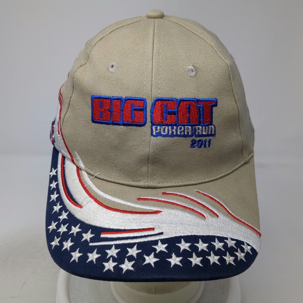 Big Cat Poker Run 2011 Beige Baseball Cap One Size American Flag Stars Race Hat