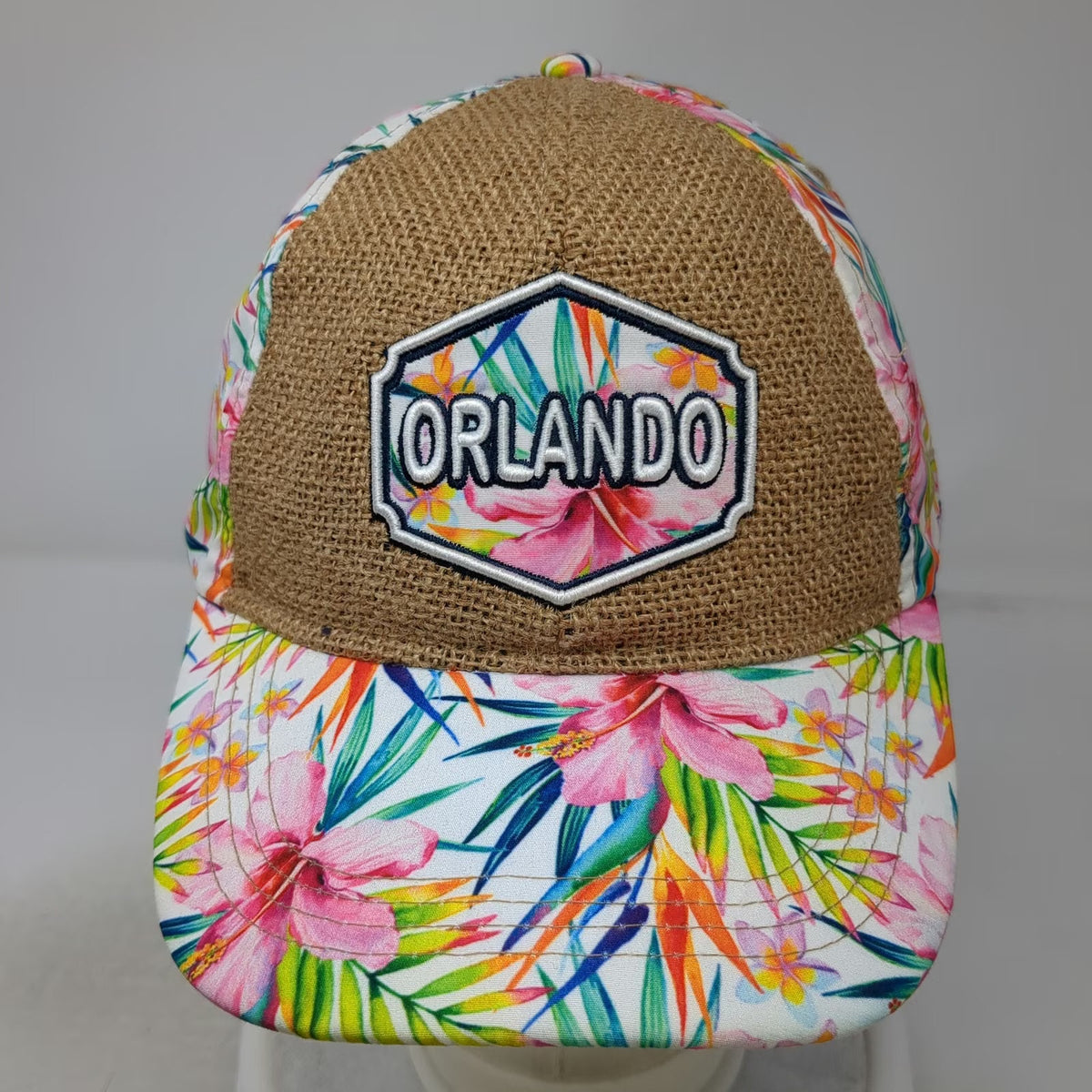 Global Sun Baseball Cap White OSFM Tropical Floral Orlando Patch Strapback Hat