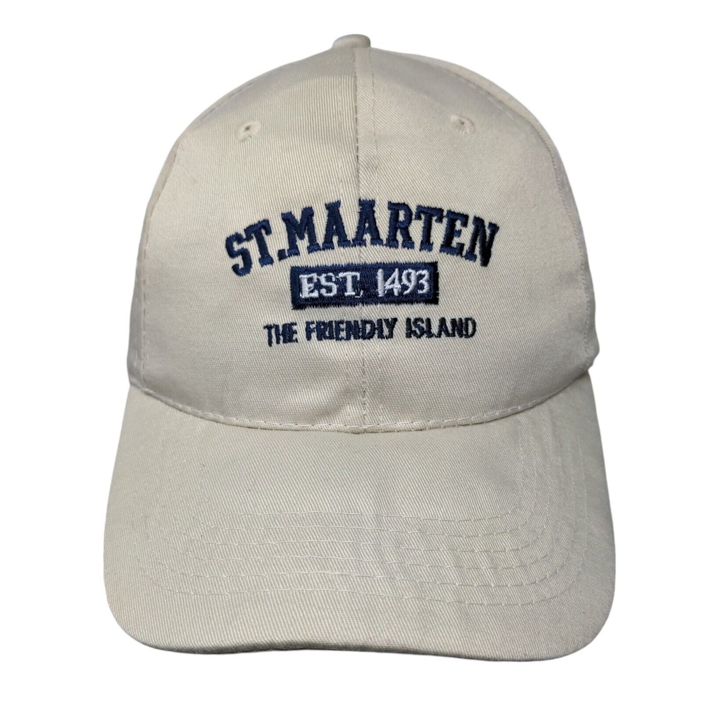St. Maarten The Friendly Island Strapback Hat Tan OSFA Embroidered