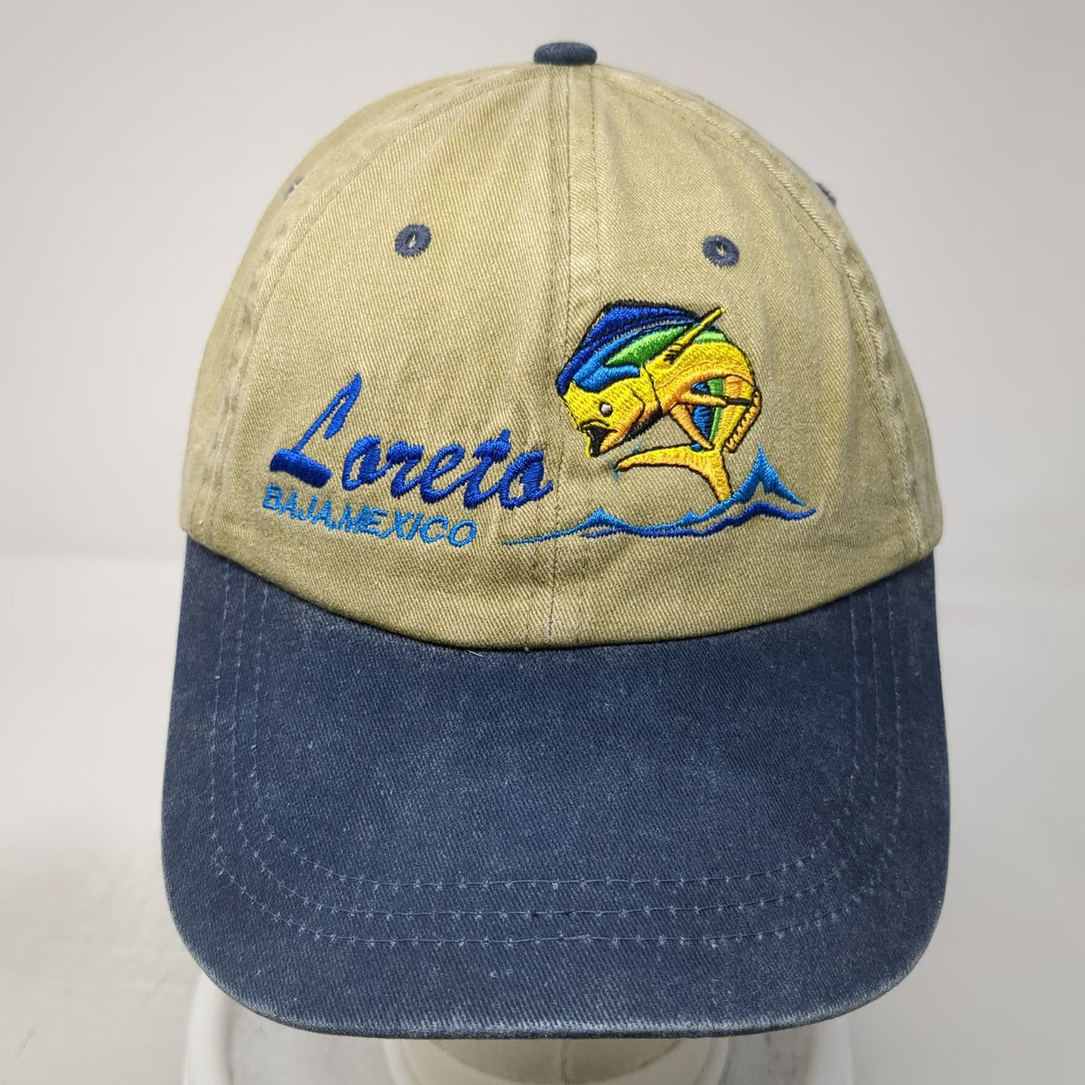 HC Baseball Cap Beige Blue One Size Loreto Baja Mexico Fishing Dorado Mahi Hat
