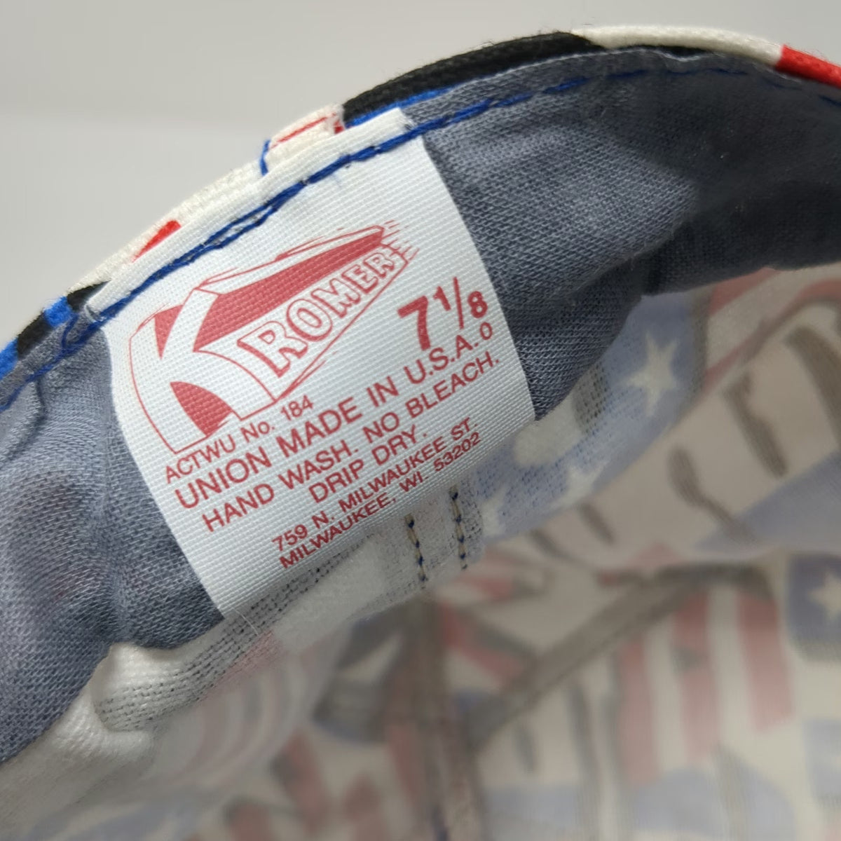 Kromer Baseball Cap White Blue Red 7 1/8 USA Flag Fitted Welder AOP Print Hat